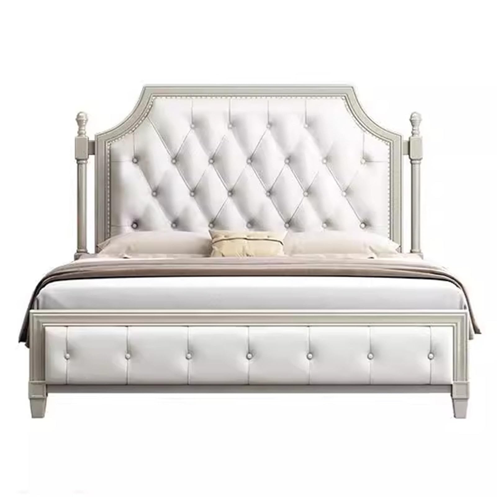 White Genuine Leather Wooden Queen Bed Modern King Size Platform Bed Frame with Heavy Duty Wooden Slat Support