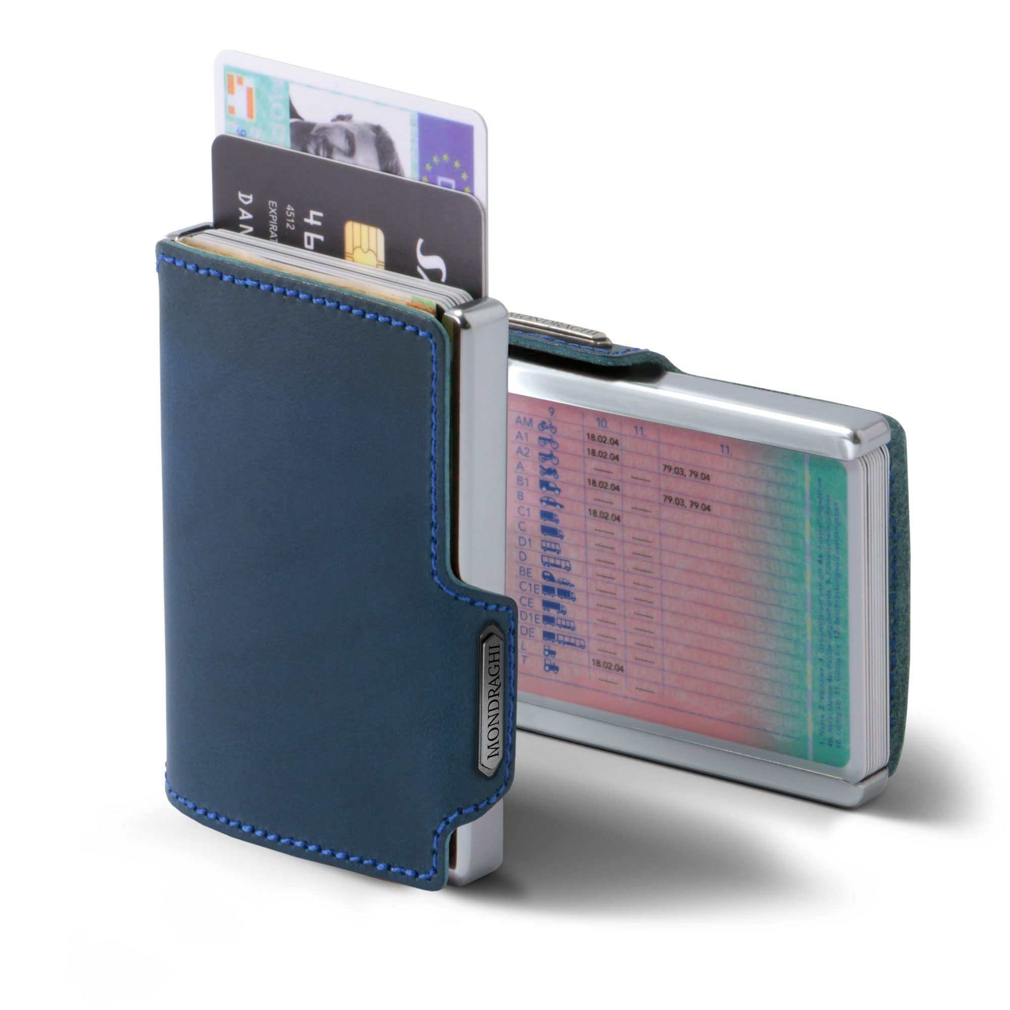 MONDRAGHI® Mini-Wallet. Ultraleichte Geldbörse mit Narbenleder. Kleiner Geldbeutel mit RFID-Schutz-Chip - Kartenetui mit Leichtmetallrahmen | Elegance Blu