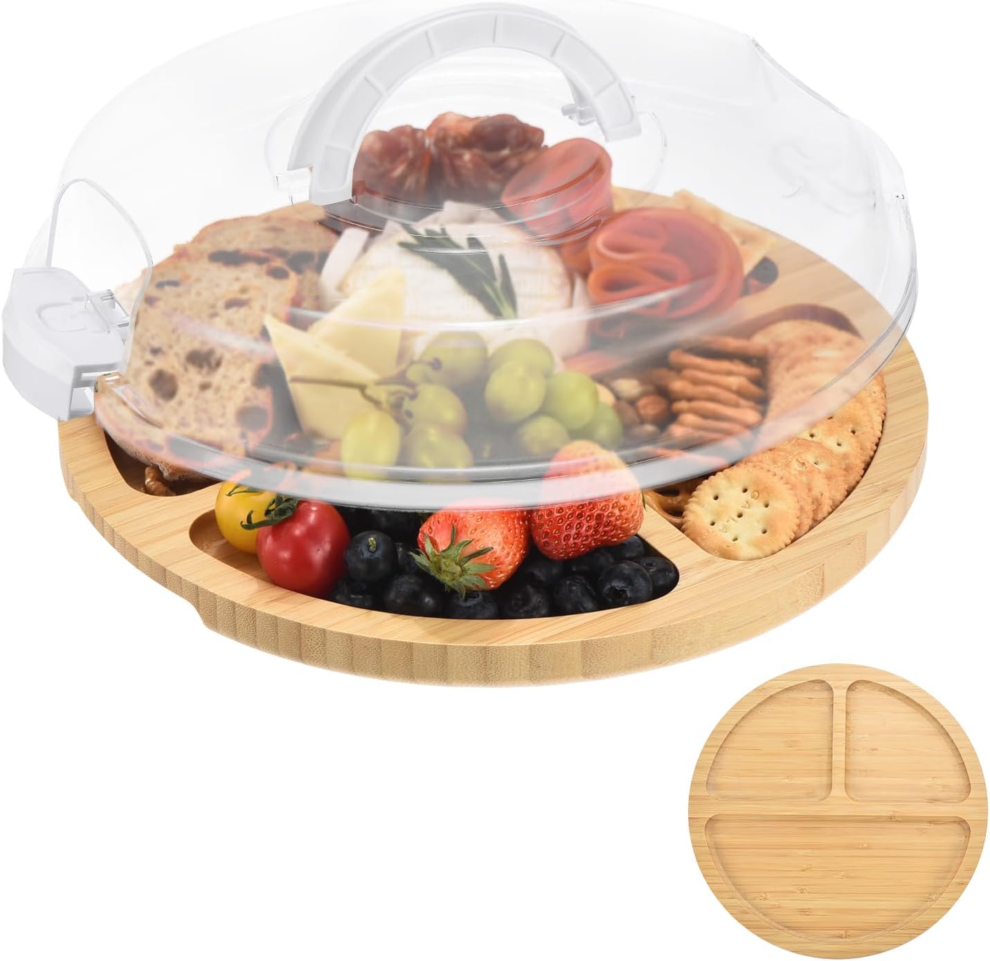 Round Charcuterie Board with Lid and Handle - Portable Cheese Board for Travel,Bamboo Cutting Board for Kitchen,Gifts for House Warming, Bridal Shower (3 Compartment, Black)