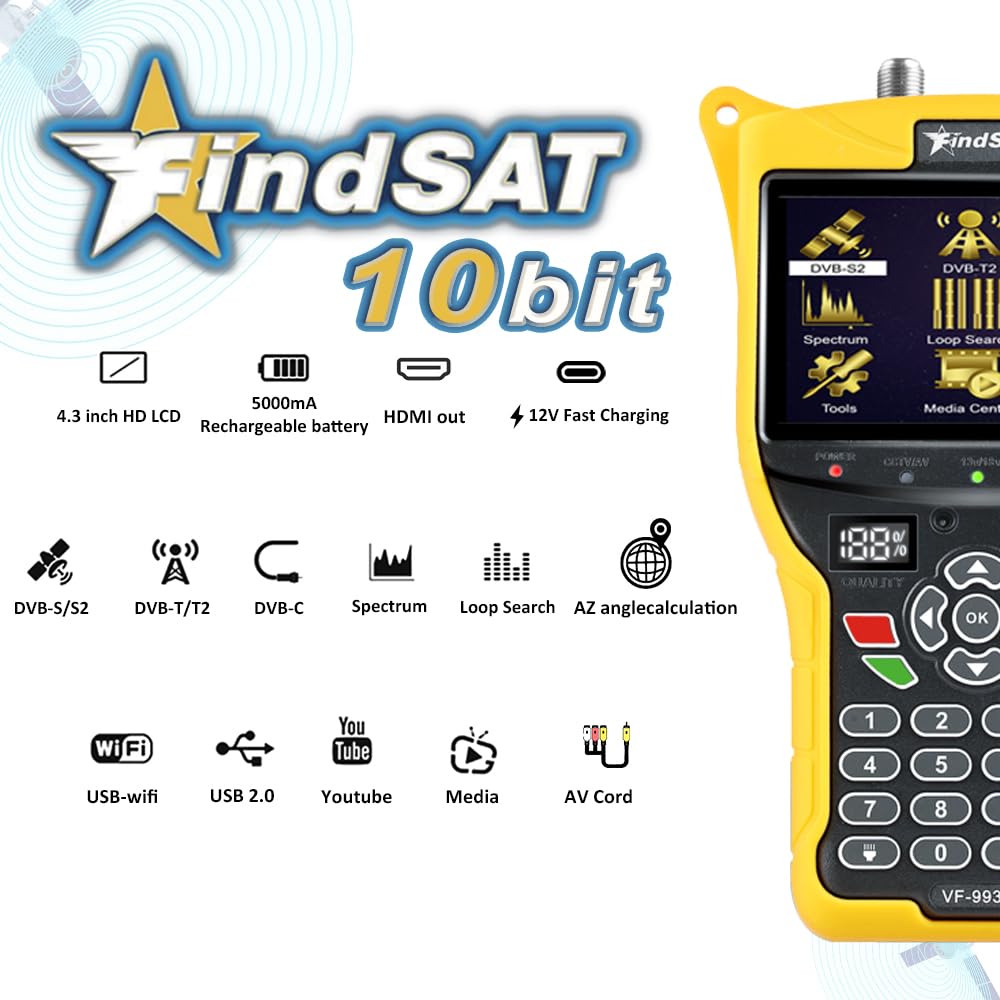 VF9930 Max Pointeur Satellite Antenne TNT DVB-S2/S/T2/T/C COMBINÉ MPEG4/H.264, HEVC/H.265 10bit, HD Sat Finder 4.3" LCD 7.4V/5000mAh