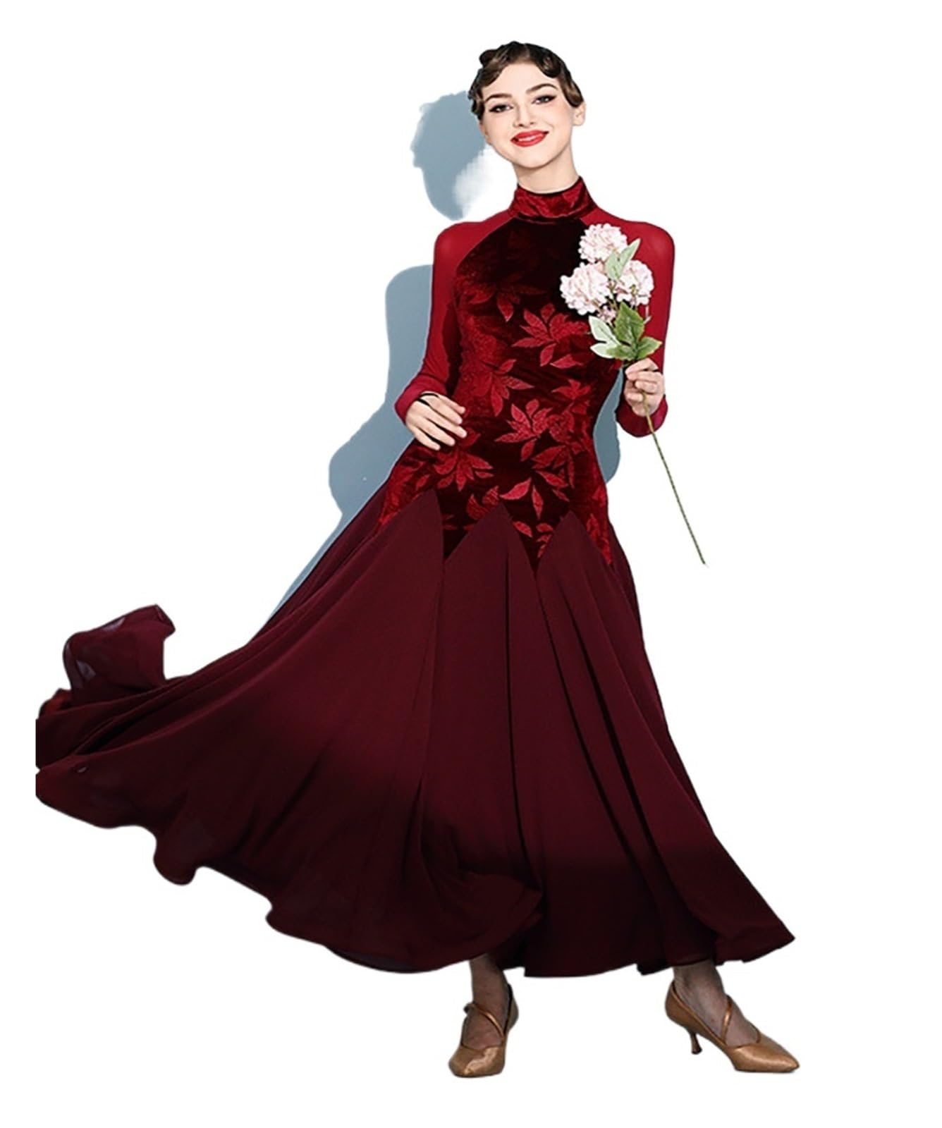 Tanzkleid Damen Ballroom Dance Damen Modern Dancewear Print Samt Mesh Walzer National Standard Social Practice Dress Gesellschaftstanz-Wettbewerbskleider