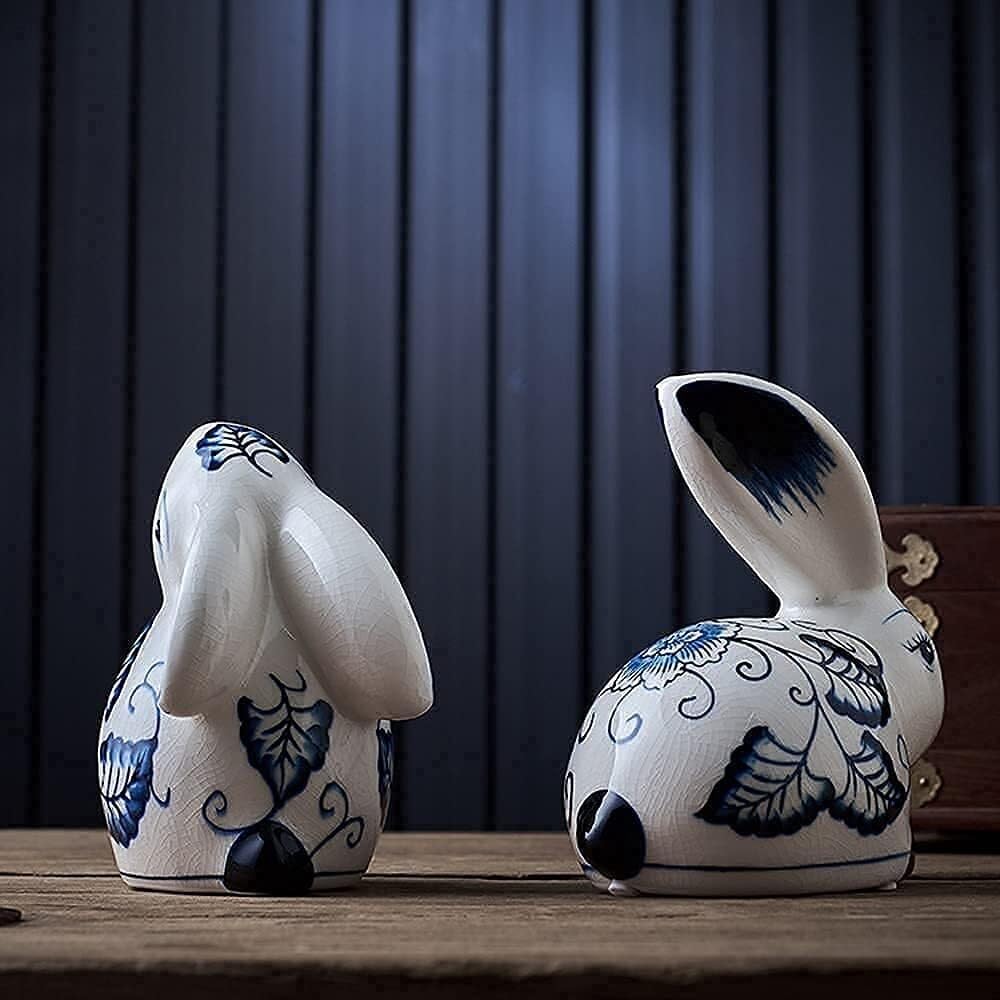 Dekoracja biurowa ceramiczne posągi królika niebiesko-białe porcelanowe figurki Chinoiserie Nowoczesna dekoracja domu (A)