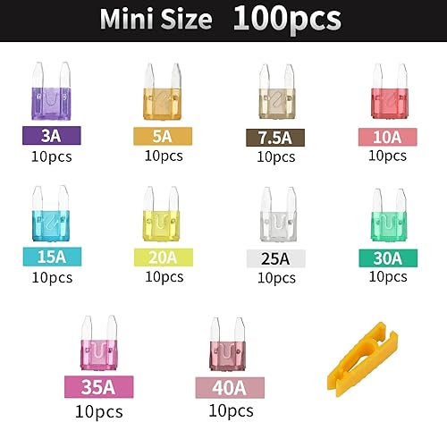 Miniatura 3 de Kit de 100 mini fusibles, kit surtido de fusibles de hoja (3A5A7.5A10A15A20A25A30A35A40A) (con herramienta extractora) para automóvil, marina,
