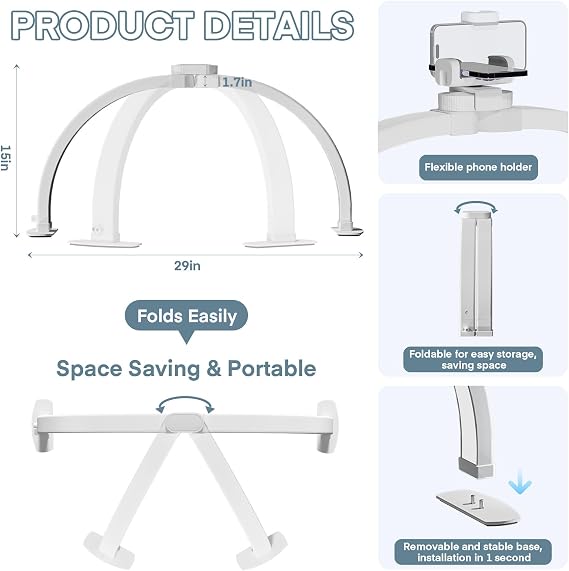 Foldable Half Moon Lamp for Nail Desk, 29 Inch Led Nail Tech Desk Lamp, Half Moon Light with Phone Holder, 3000-6500K Esthetician Lash Light for Eyelash Extensions, Tattoo, Eyebrow [Energy Class A]