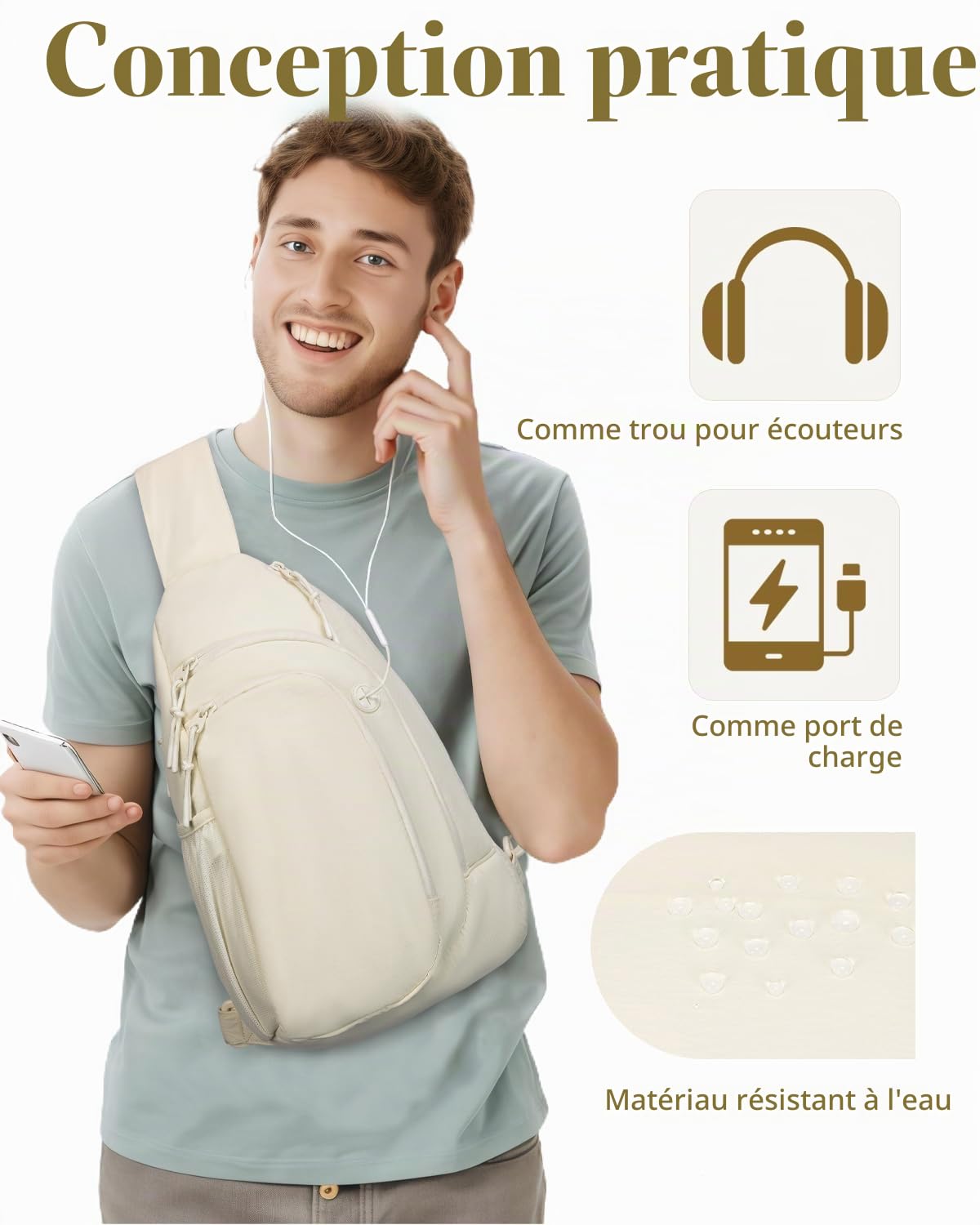 Sac Poitrine Femme Homme Sac Bandoulière avec Poche Blocage RFID Sacoche Bandoulière Porté Travers pour Voyage Sports