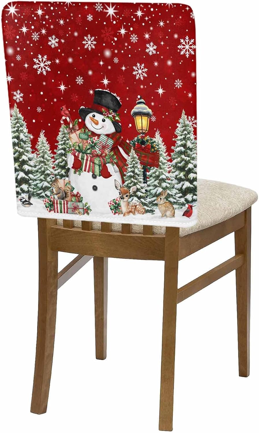 Red Christmas Chair Covers Set of 4 for Dining Room, Snowman Xmas Tree Chair Back Cover, Snowflake Gifts Elk Winter Removable Kitchen Chairs Slipcovers Seat Protector for Party Banquet Christmas Decor