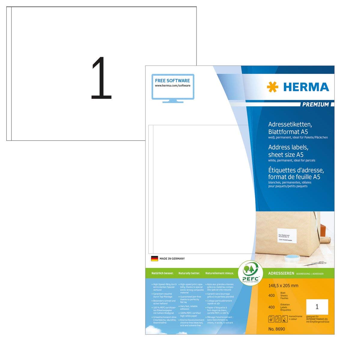 HERMA 8690 Universal Etiketten, 400 Blatt, 148,5 x 205 mm, 1 pro A5 Bogen, 400 Stück, selbstklebend, bedruckbar, matt, blanko Papier Klebeetiketten Aufkleber, weiß