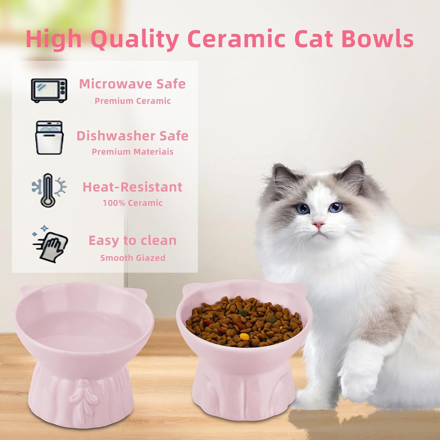 Set di 2 ciotole sollevate per gatti, design inclinabile a 15°, in ceramica di grandi dimensioni, mangiatoia rialzata per gatti anti-omito, adatta per baffi, lavabile in lavastoviglie