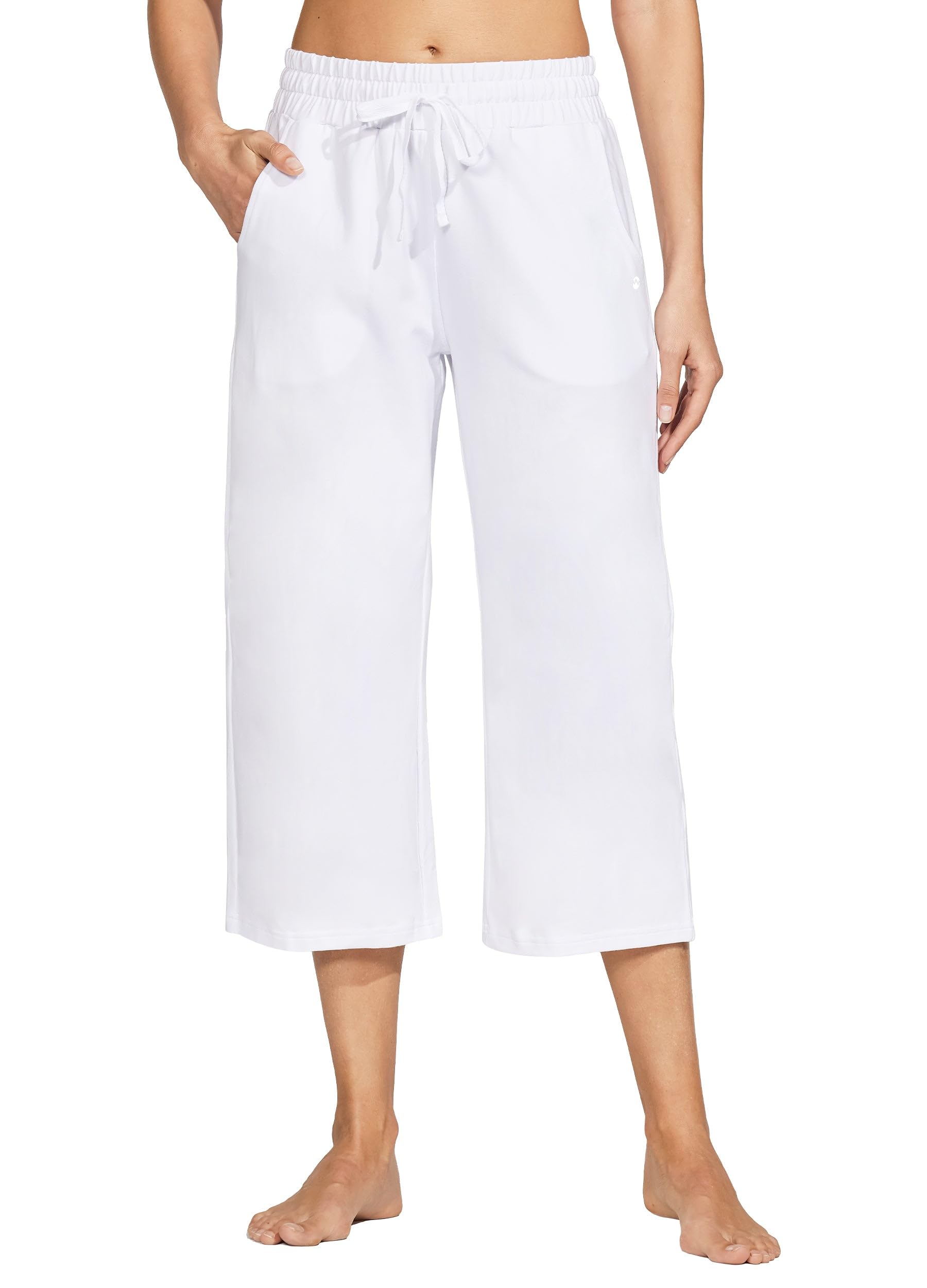 Willit Pantalones Capri de algodón para Mujer, Pantalones Capri Casuales de Pierna Ancha con Bolsillos, 20 Pulgadas, Blanco, Large