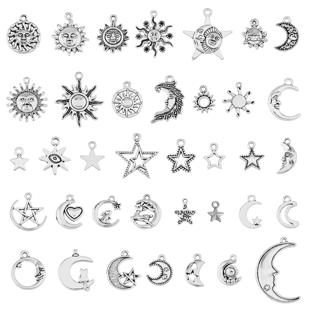HOBBIESAY70Pcs 35 Styles Sun Moon Star Shape DIY Pendants Antique Silver Tibetan Style Charms Alloy Charms Accessories with Loop Design Vintage Celestial Pendants for Jewelry Making