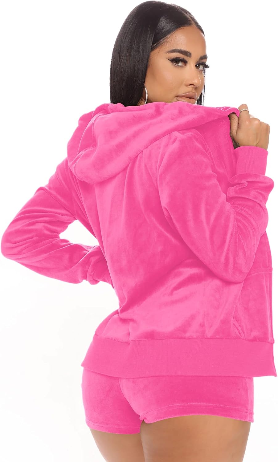 SMSN Women 2 Piece Outfits Sweatsuit Shorts Sets, Velvet Tracksuit Long Sleeve Hooded Zipper Jacket Casual Sweat Set