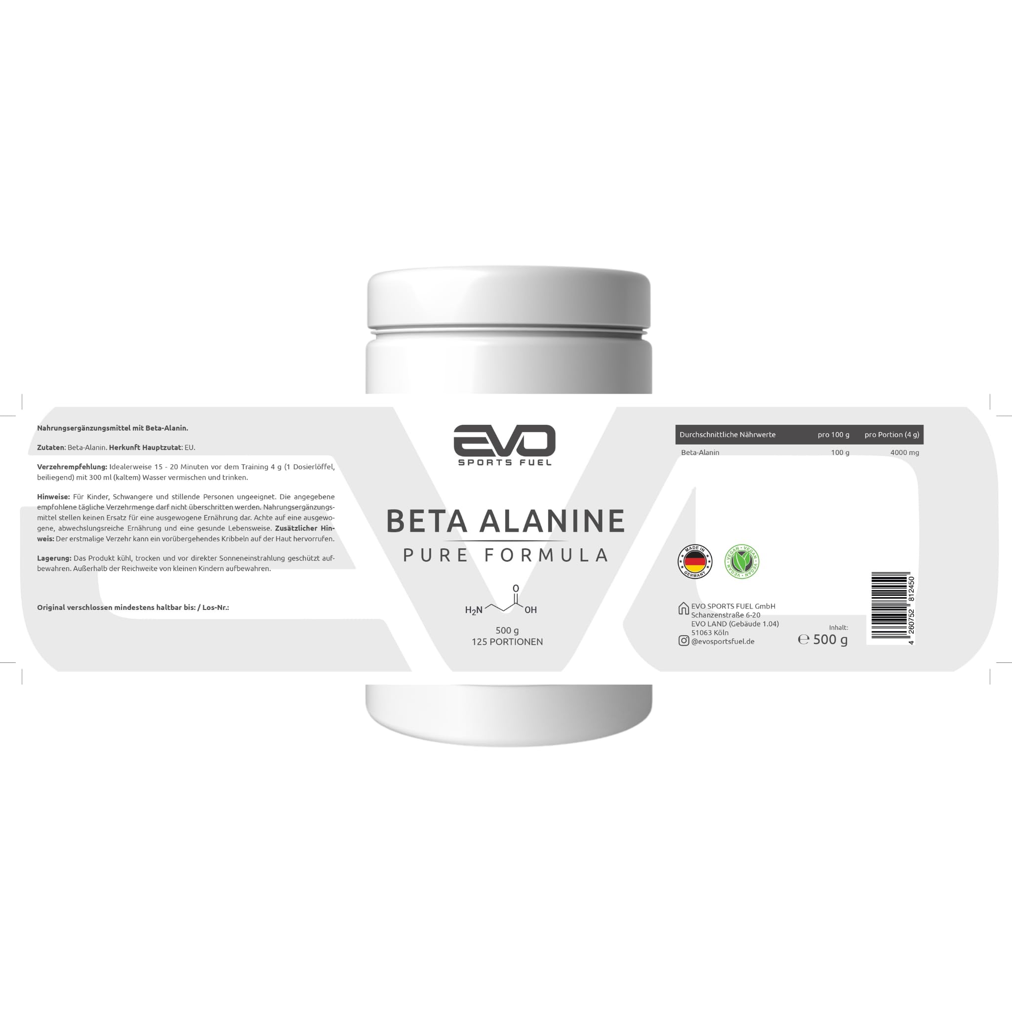 EVO SPORTS FUEL Beta Alanin Pulver 500g | Reines und Veganes Aminosäure Beta-alanin | Unterstützt Muskelausdauer und intensive Workouts | Made in Germany