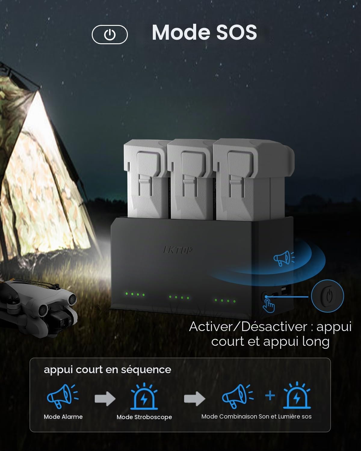 Hub de Charge DJI Mini 4 Pro/3 Series - 100W Bidirectionnel avec LED de Stockage, Mode Alarme, Chargeur Rapide 3X
