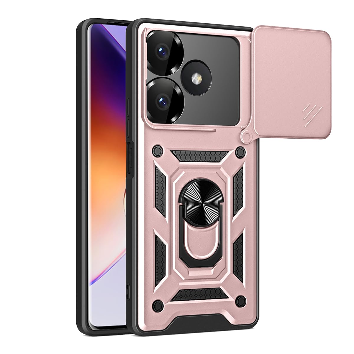 Custodia Per Xiaomi Redmi Note 13 4G Con Anello Girevole E Copri-fotocamera Scorrevole, Rosa Oro - 2