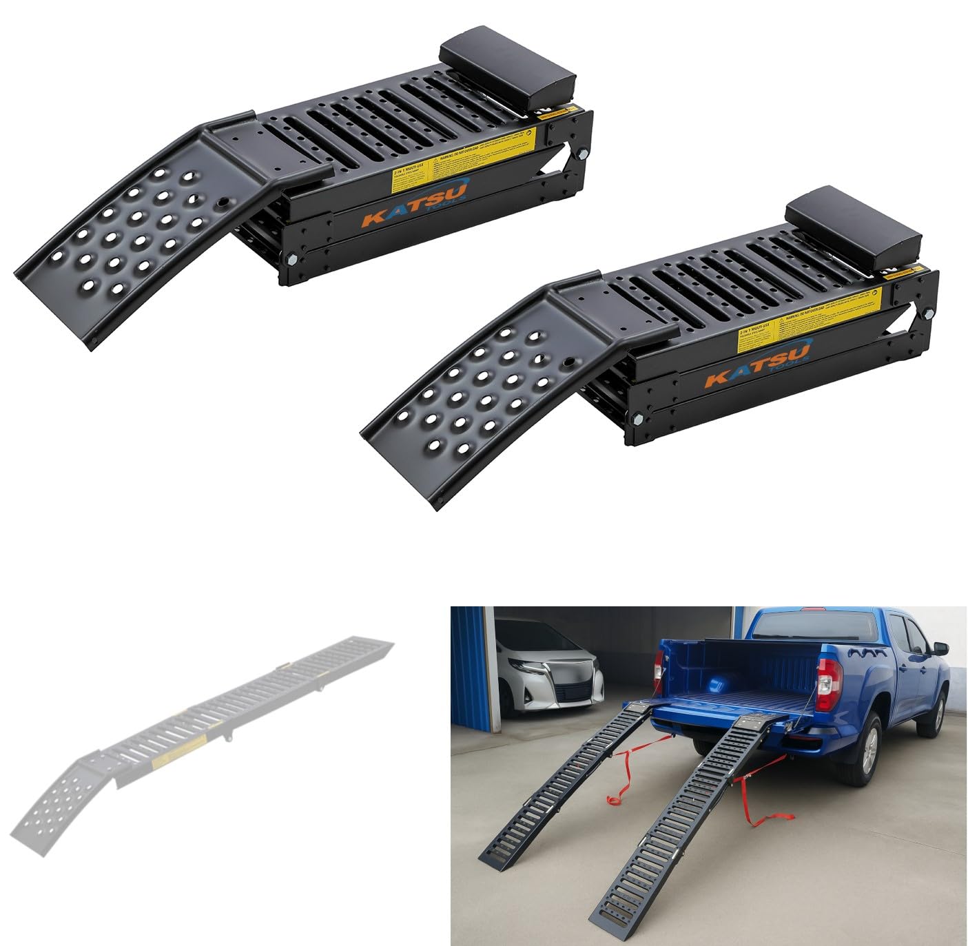 KATSU Tools Paquete de 2 rampas plegables de acero 2 en 1, rampa de carga resistente de doble propósito, 200 x 23 x 5 cm, carga máxima de 500 kg, portátil, ideal para motocicletas, tractores