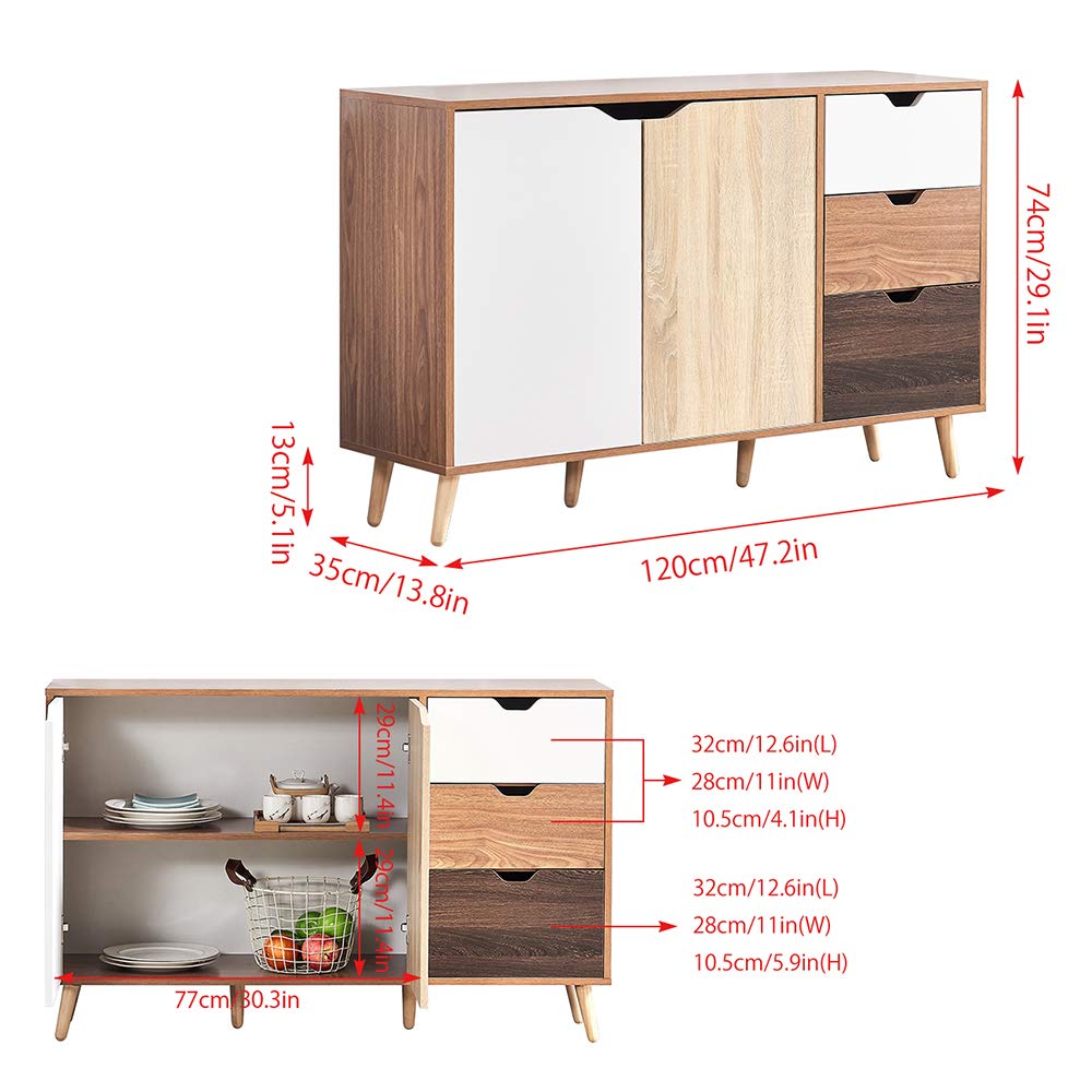 2 Doors Kitchen Storage Unit Sideboard Buffet White with Drawers Shelves, Modern Wine