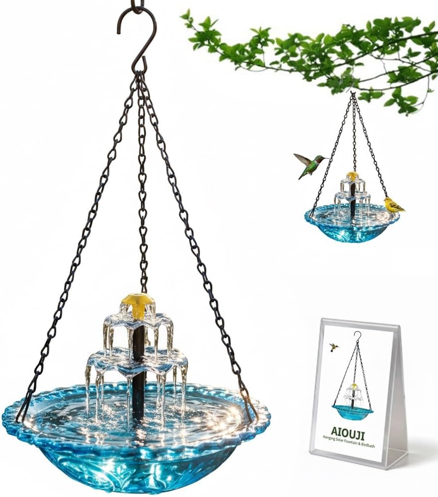 Solar Cascade Hanging Bird Bath Fountain, Hummingbird Bath Garden Fountain with Solars Powered Pump and Glass Bowl for Outside Backyard Patio Lawn Outdoor Decor(Blue,Double)