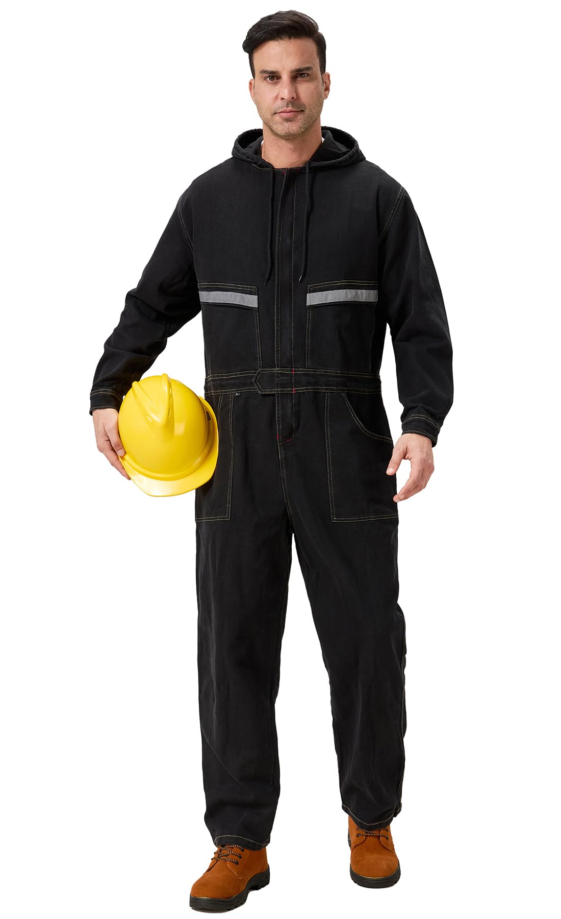 Overol de trabajo de mezclilla para hombre con capucha, overol de trabajo resistente, de alta visibilidad, con pantalones vaqueros, color negro, talla M