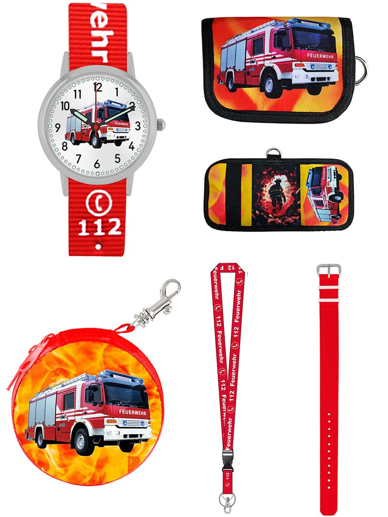 Geschenkset Feuerwehr Armbanduhr Jungen Kinderuhr Lernuhr Geldbörse Schlüsselband Display Schutz Motivdose 2 Armbänder