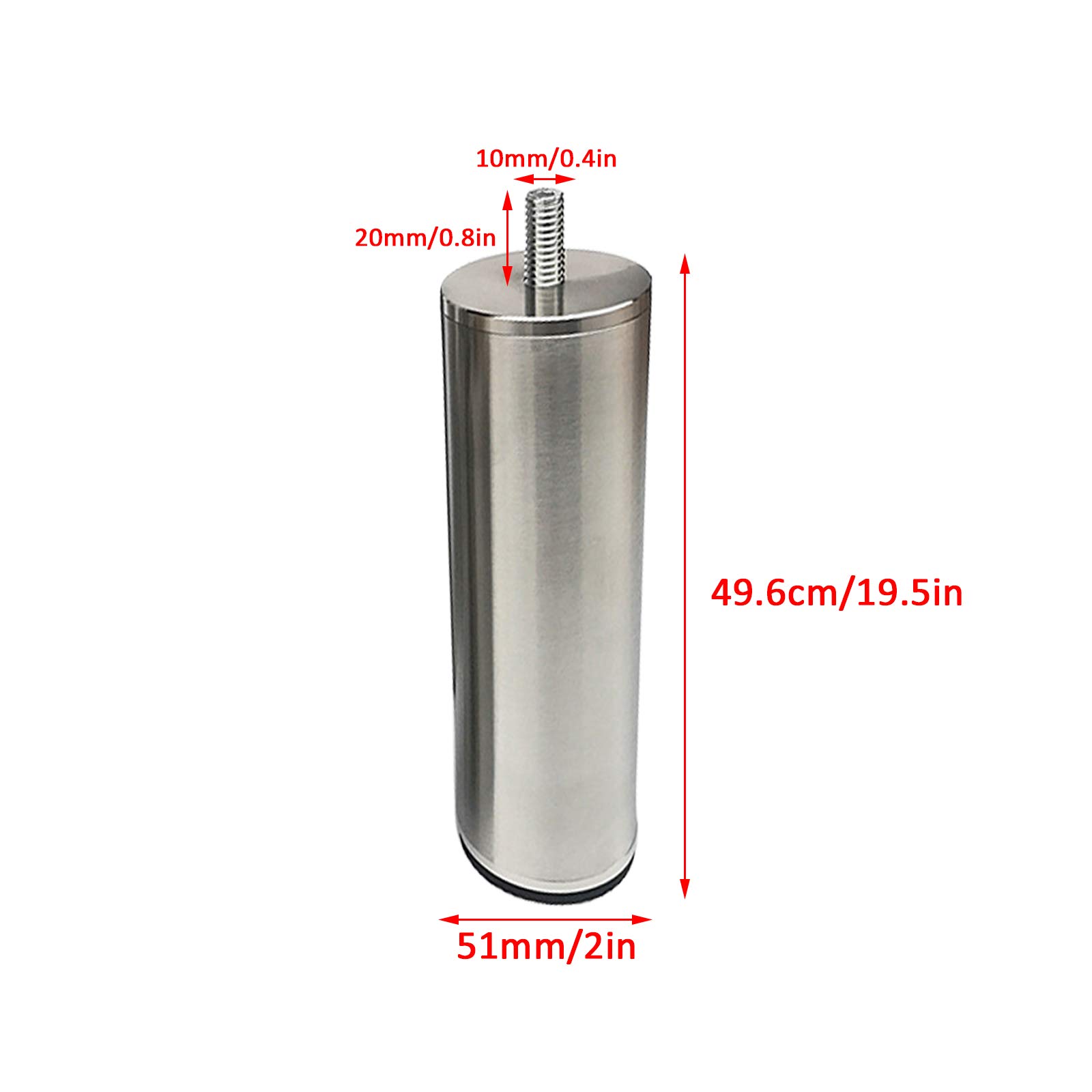 4 gambe filettate in acciaio da 49,5 cm, gambe in pelliccia di metallo spazzolato, per divano, letto, cucina, bagno, cabi, cuscinetti antiscivolo per bili