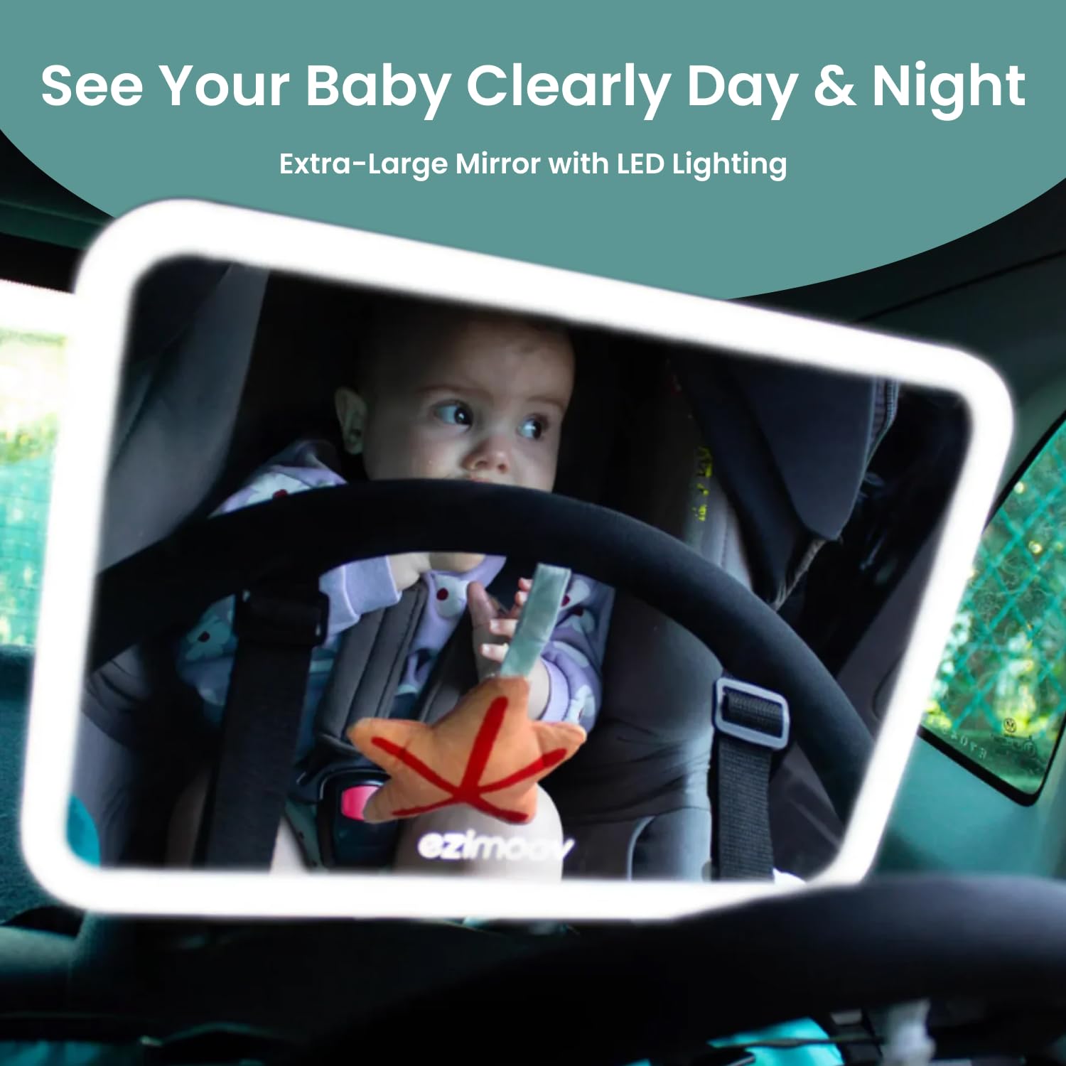 Espejo Coche Bebé con LED Pro - Espejo retrovisor para Coche Bebé Extra Grande | 75 LED Luz Suave No Deslumbrante | Base Giratoria | Control Remoto | Instalación Fácil | Universal