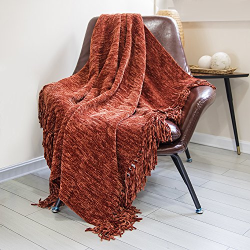 Dozzz Thick Fluffy Chenille Knitted Throw Blanket With Decorative Fringe And Striped For Couch Cover Sofa Chair Bed Gift Rust #TOP1