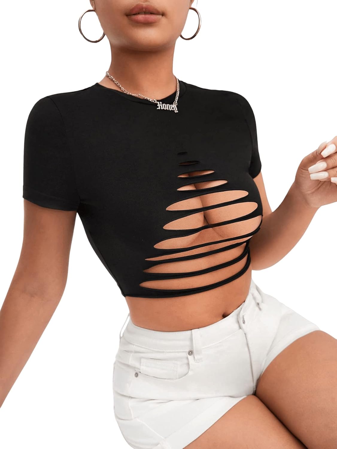 SweatyRocks Women's Sexy Cut Out Crop Ripped Tops Short Sleeve Round Neck Slim Fit Tee Shirt - Image 3