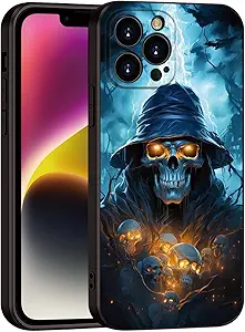 Printed with Skull for iPhone 15 pro max case, Printed with a Skeleton Pattern bathed in Lightning, The Silicone Shockproof case Makes Your Phone Look Cool(A1-Skull-Death God Skeleton)
