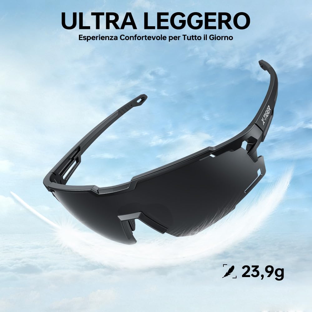 X-TIGER Occhiali da Ciclismo per Uomo e Donna, Montatura TR90 Ultraleggera, Occhiali Sportivi Polarizzati con Protezione UV400, Nasello e Ganci Auricolari Regolabili, Ideali per Corsa/Pesca