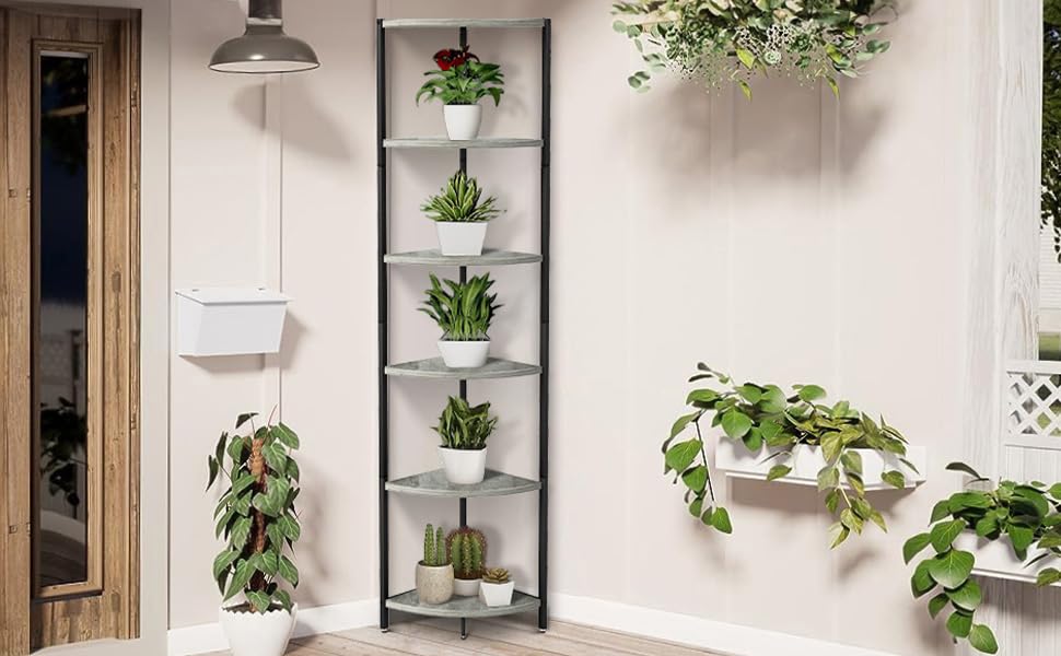 6-Tier-Standing-Corner-Shelf705-Tall-Ladder-Corner-Storage-Shelf-with-Adjustable-FeetRustic-Display-Rack-Multipurpose-Bookshelf-BookcasePlant-Stand-for-Living-Room-Bedroom-Grey 6 Tier Standing Corner Shelf705 Tall Ladder Corner Storage Shelf with Adjustable FeetRustic Display Rack Multipurpose Bookshelf BookcasePlant Stand for Living Room Bedroom Grey