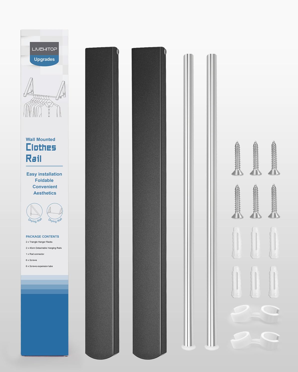 LIVEHITOP Perchero Plegable, 2PCS Colgador de Ropa Montado Paredpara Estabilizador de Aluminio Barra Colgar Ropa para Dormitorio Baño Armario Balcón (Negro)