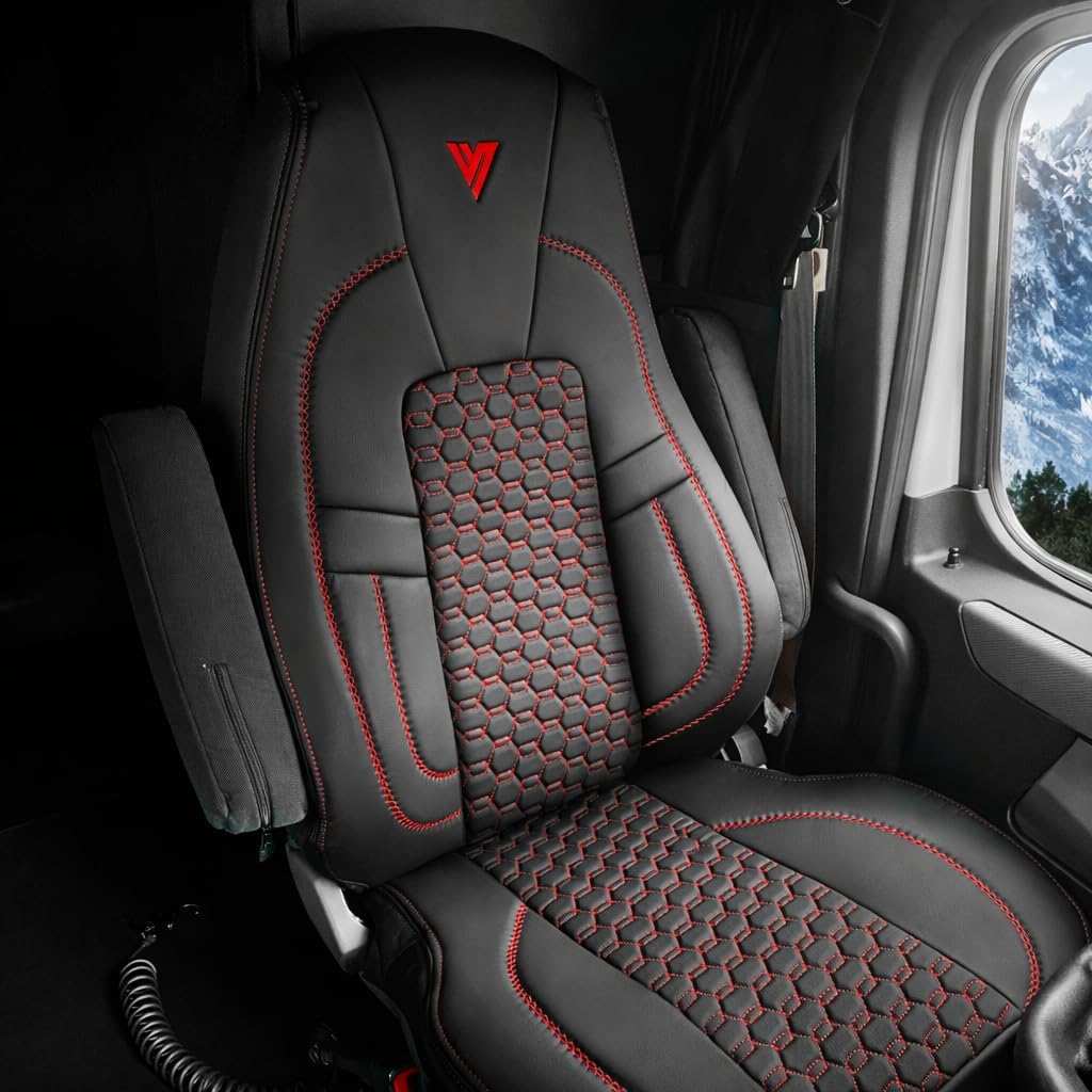 Seat Cover Compatible with Freightliner Cascadia Factory OEM Seat – 33″ High Back, Custom Fit Faux Leather, Durable & Easy to Clean, Professional Interior Protection (Black/red)