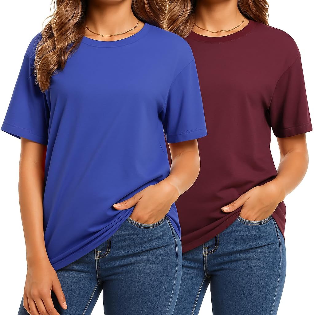 Combed Cotton Summer Tops for Women – Short Sleeve Crewneck T-Shirts, Compact Knit Loose Fit Basic Tees 2 Pack Black White