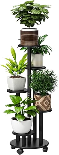 FILWH Soporte de 5 niveles para plantas al aire libre e interior, soporte de flores movible de bambú alto con ruedas, estante para macetas, estante