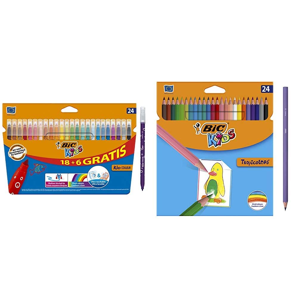 BIC Kids Kid Couleur rotuladores punta media - surtidos + Kids Tropicolors Lápices de (2,9mm) - Surtidos, Blíster de 24 Unidades