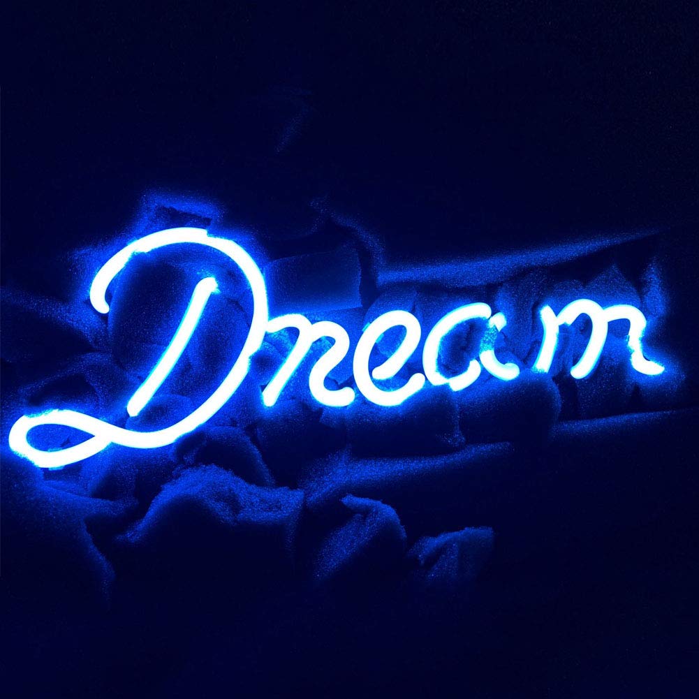 LiQi ™ "Dream " - Cartel de neón (35,56 x 10,16 cm) - Panel de acrílico de cristal real hecho a mano para el hogar, dormitorio, pub, hotel, playa, sala de juegos recreativa