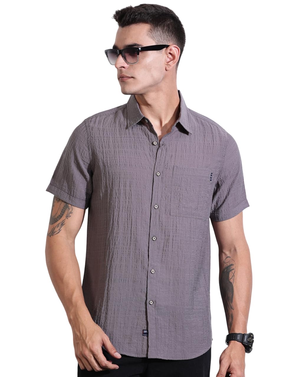 thomas scott Men's | Solid | Textured Fabric | Half Sleeve | Slim Fit | Polyester-Blend | Single Pocket | Spread Collar | Casual Shirt-picture-17