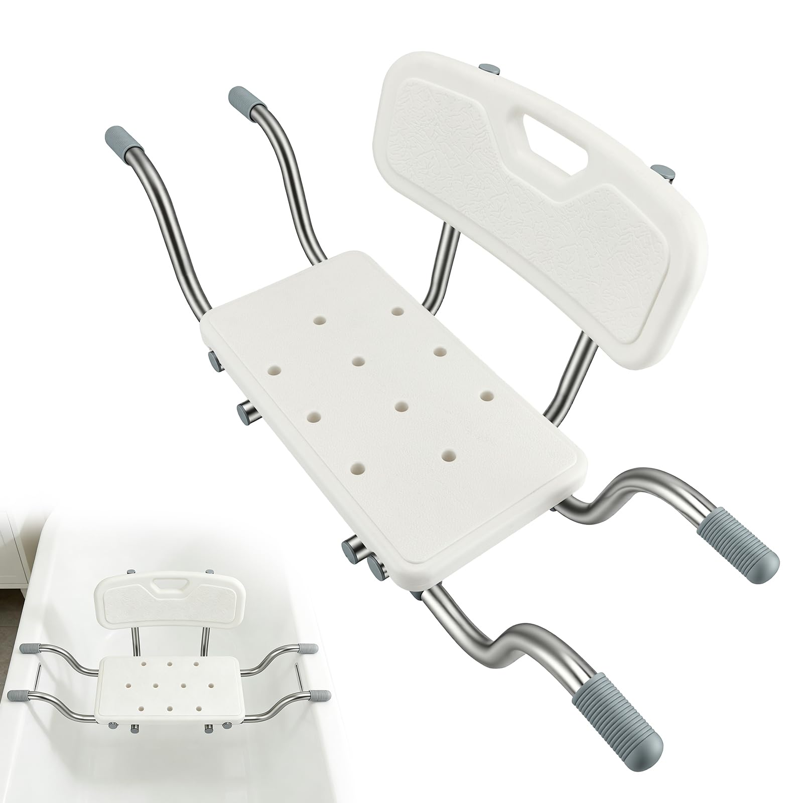 Sedile per vasca da bagno per anziani con schienale, regolabile (77 – 87 cm), portata fino a 150 kg, piedini in gomma antiscivolo e maniglie, senza attrezzi, colore: bianco