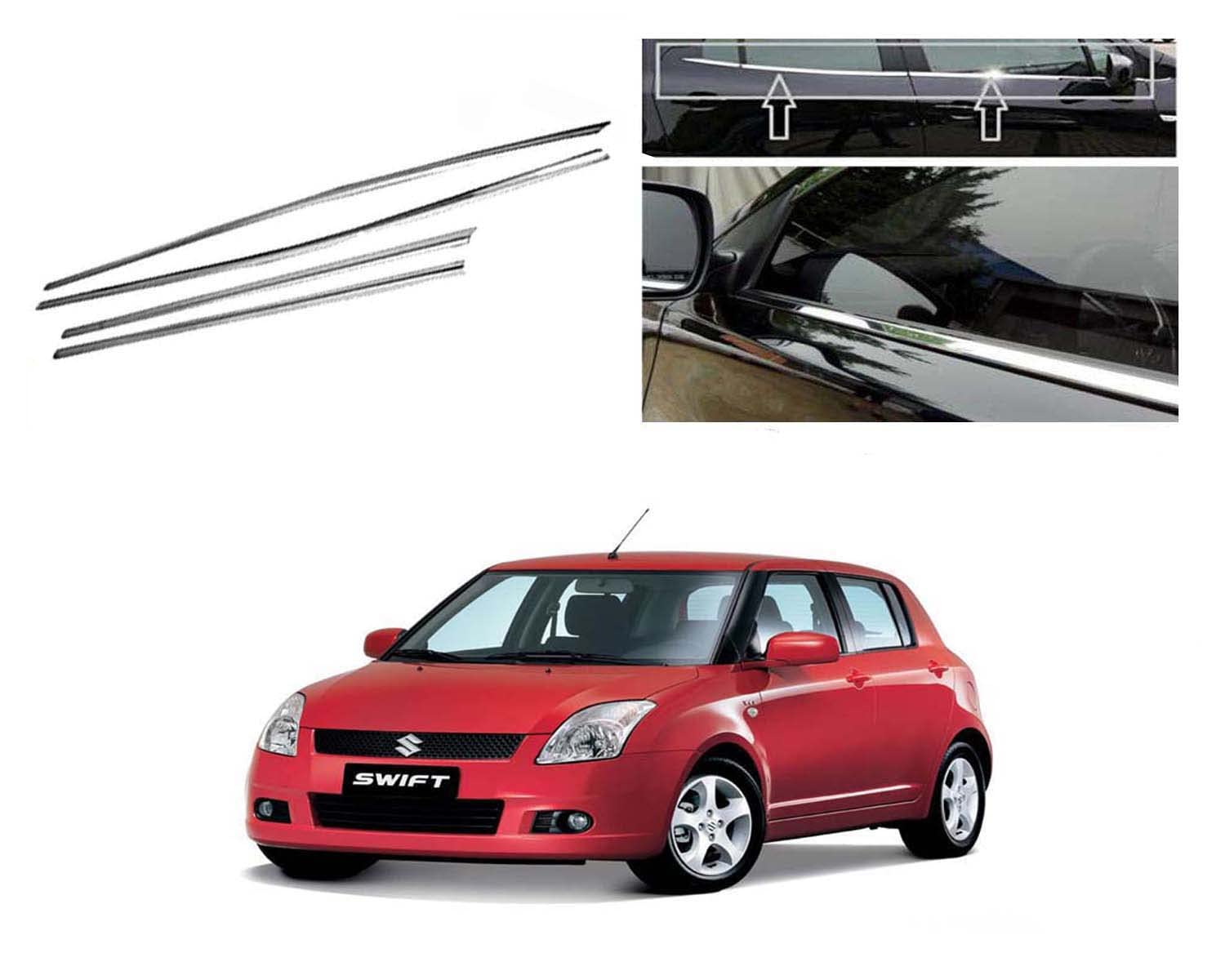 Car Window Lower Garnish Stainless Steel Chrome Finish Exterior for Maruti Swift Old Model 2009 2011 Set of 4 Pieces