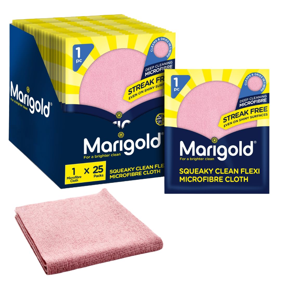 Marigold Squeaky Clean Flexi Mikrofasertuch, Case 25 Stück Singles, Streifenfreie Mikrofaser Reinigungstücher, Multifunktionale Mehrwegtücher für alle Oberflächen, Maschinenwaschbar, je 32 x 27 cm