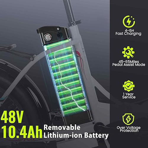 Miniatura 9 de Vivi MT20 Bicicleta eléctrica plegable de 20 pulgadas con motor de 500 W, batería extraíble de 48 V, 374.4 Wh, bicicleta eléctrica de paso a través