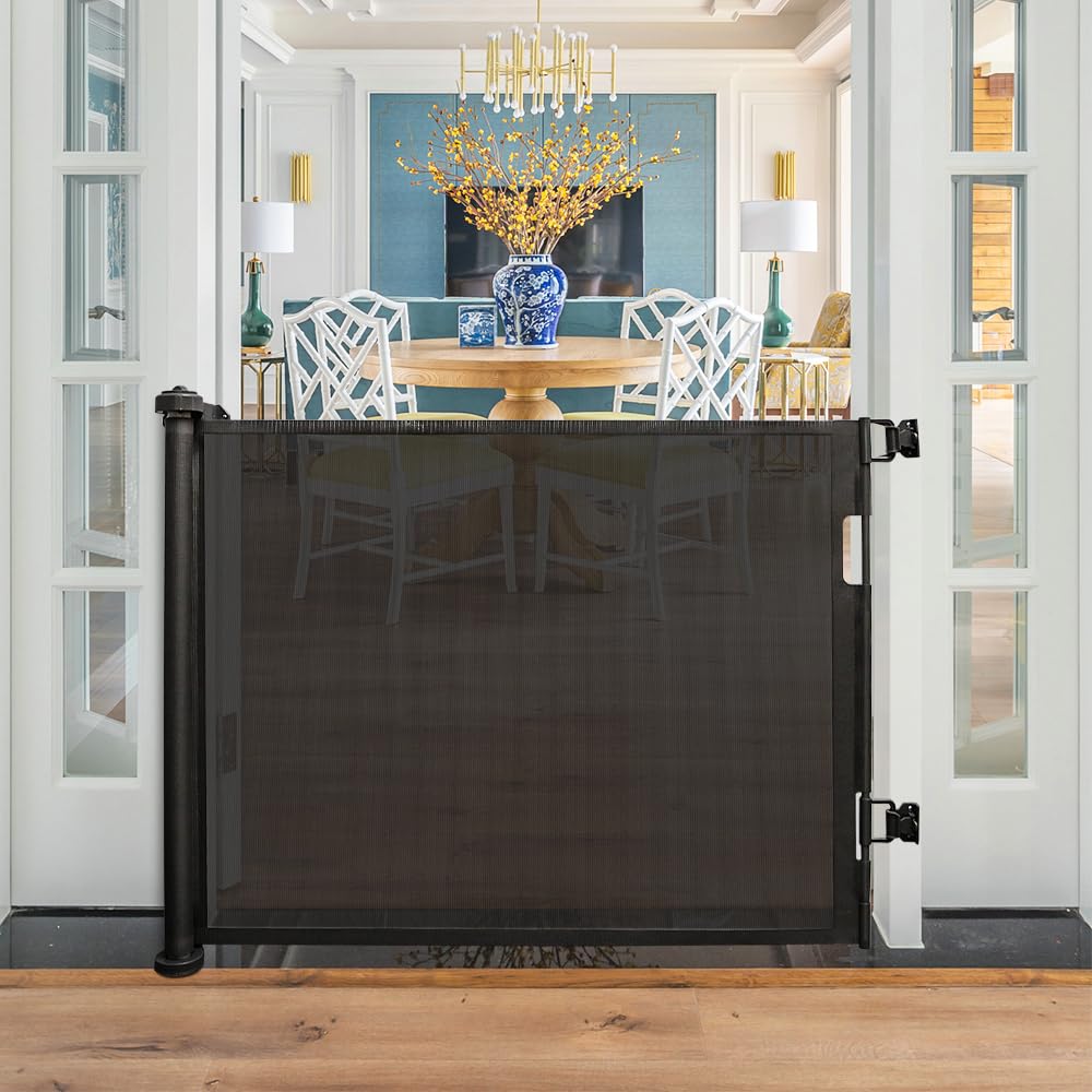 Barrera Seguridad Niños Retráctil 86 cm, Puerta Seguridad Bebé y Perros 0–180 cm, Barrera Escalera Bebé sin Taladros, Valla Seguridad Infantil para Puertas, Pasillos y Escaleras-Negro