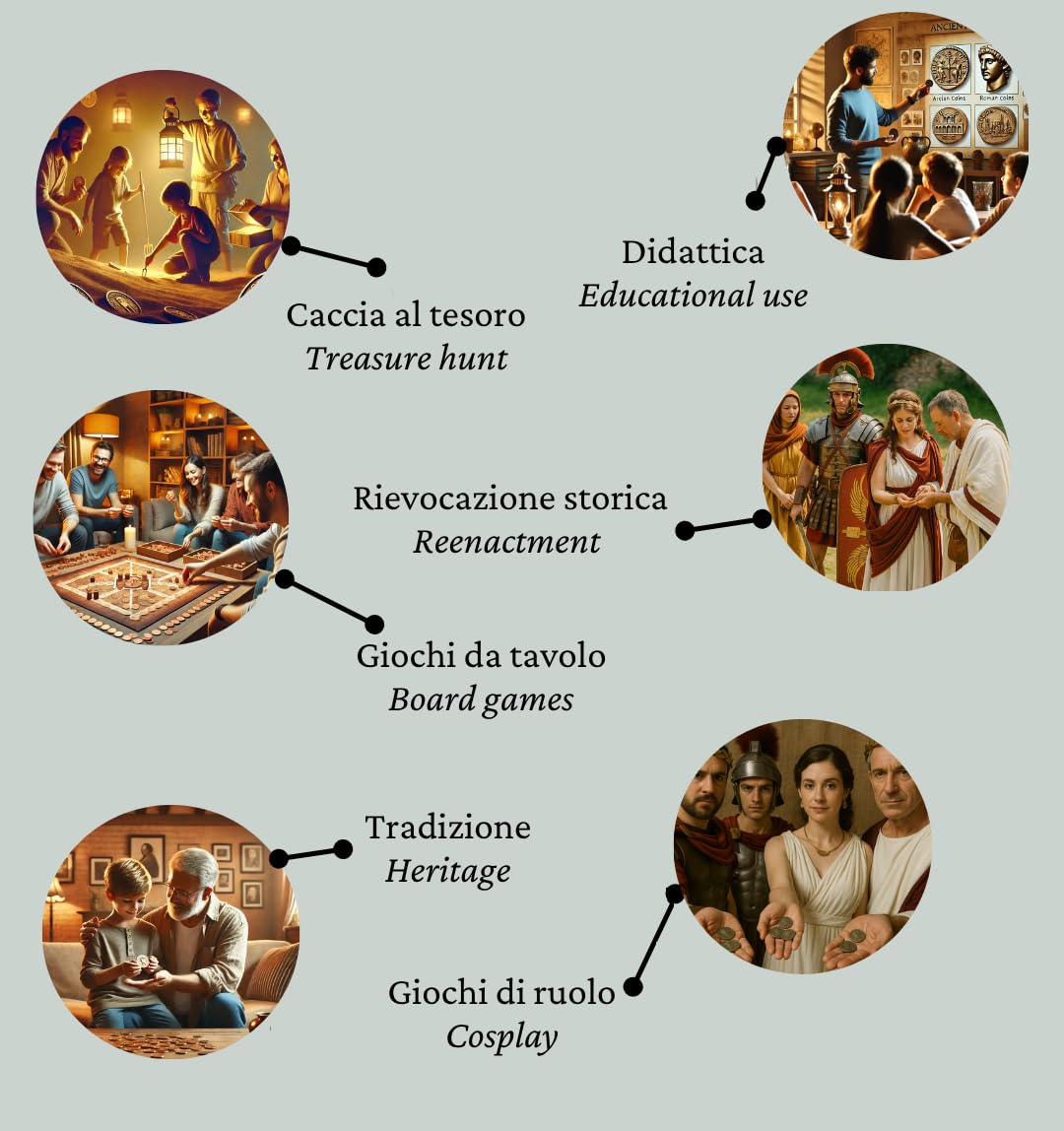 Monedas romanas imperiales antiguas chapadas en oro – Colección Set réplica emperadores romanos 5 piezas – Artesanía italiana, hecha a mano – Made in Italy