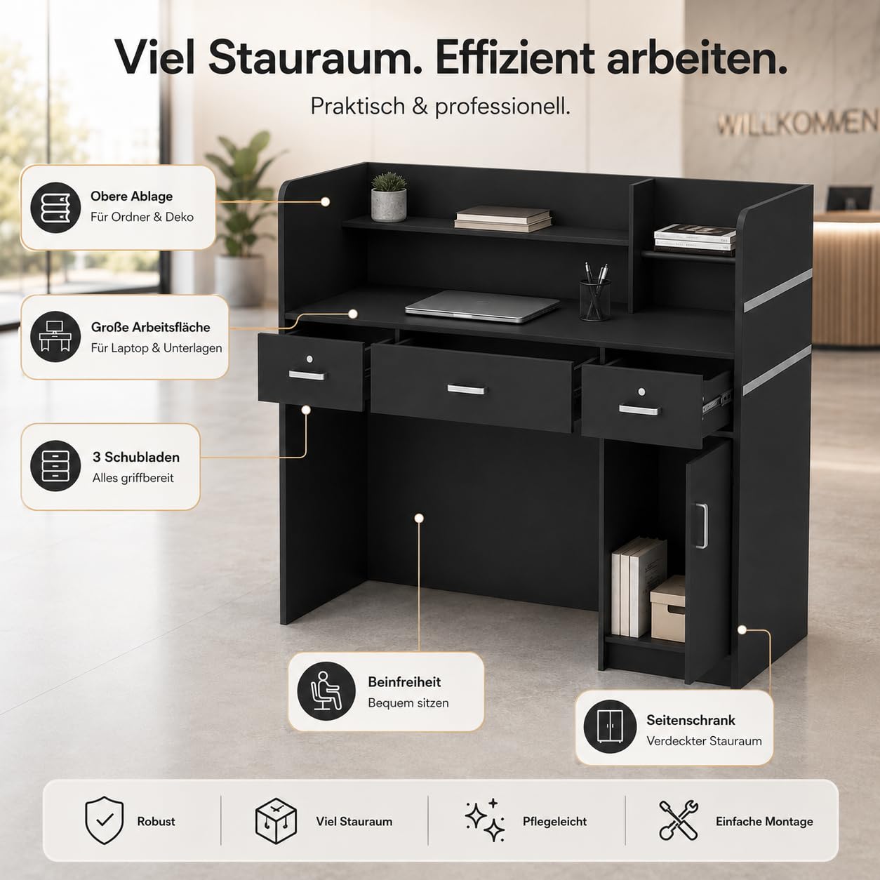 Empfangstresen Schwarz 120cm Kassentresen 3 Schubladen abschließbar Tür Ablagefächer Verkaufstheke Rezeptionstheke 120x110x48cm