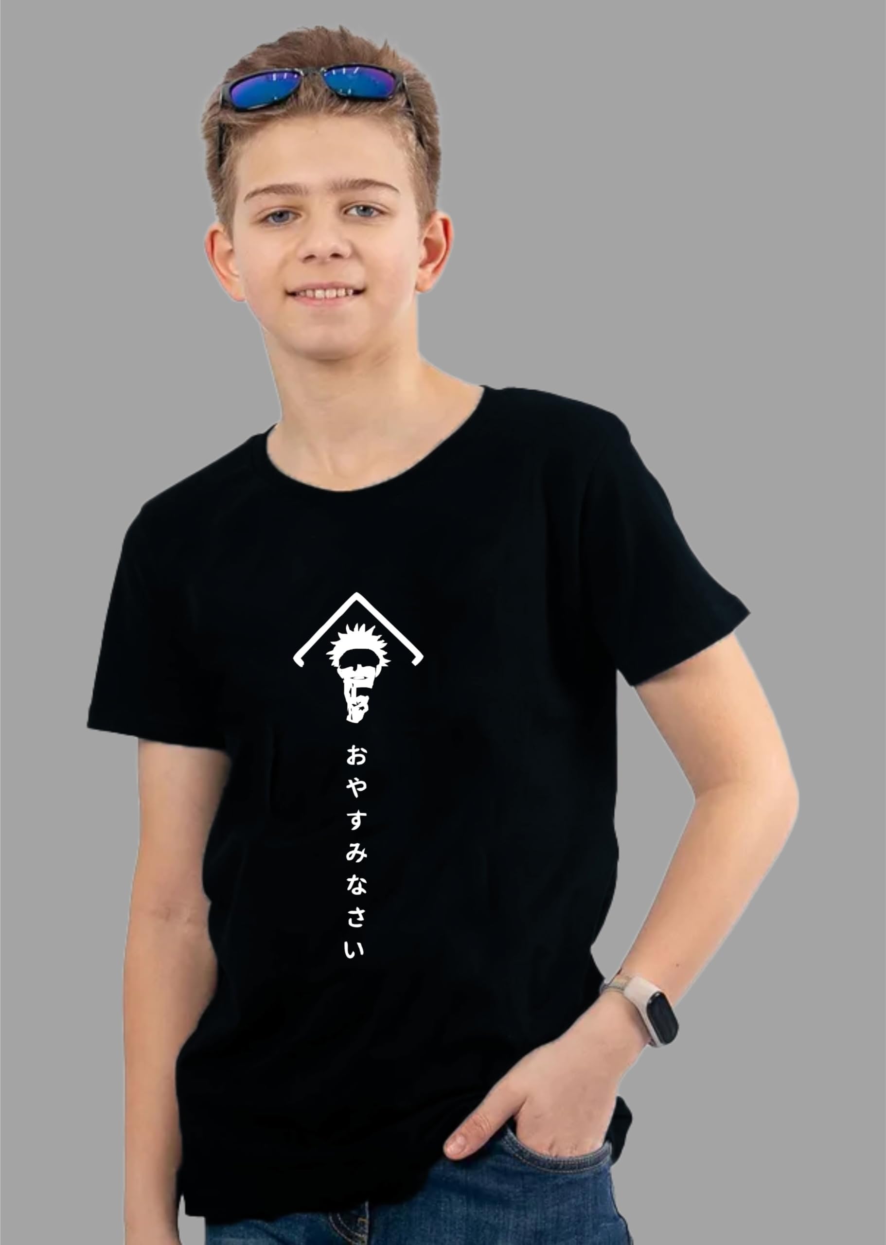 Uniplanet Store T-shirt nera da ragazzo in misto cotone mezza manica vestibilità regolare retro anime jujutsu stampata