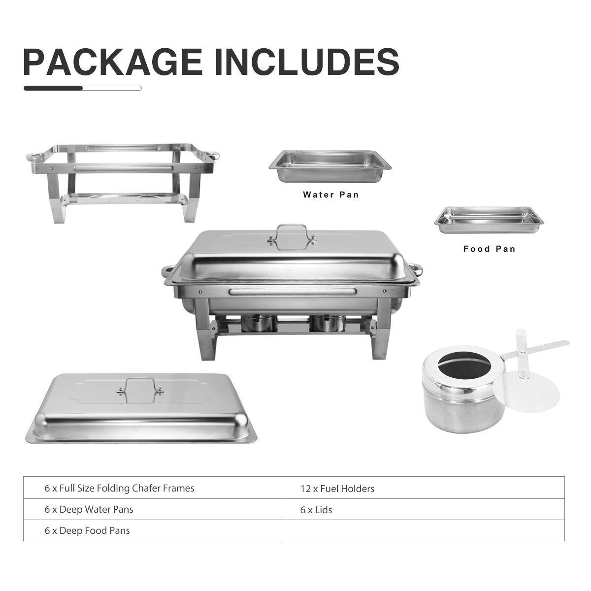 CREWORKS 6 Pièces Chauffe Plats INOX, 9L Chafing Dish en Acier Inoxydable, Chauffe Plat Rectangulaire pour Buffet Chauffants