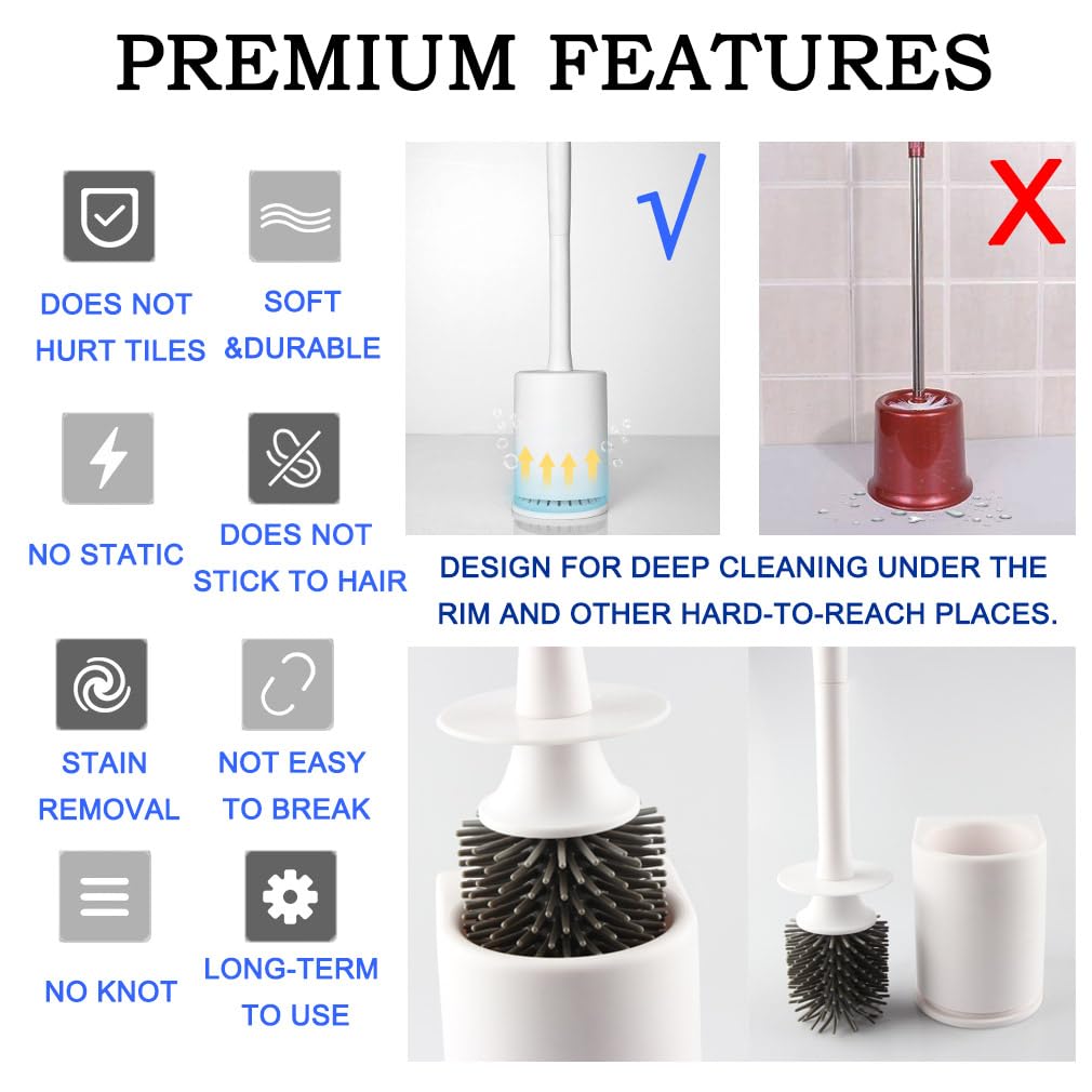 JONMON Scopino e supporto per WC, robusto set di scopino per la pulizia del WC con setole morbide in silicone per riporre e organizzare il bagno