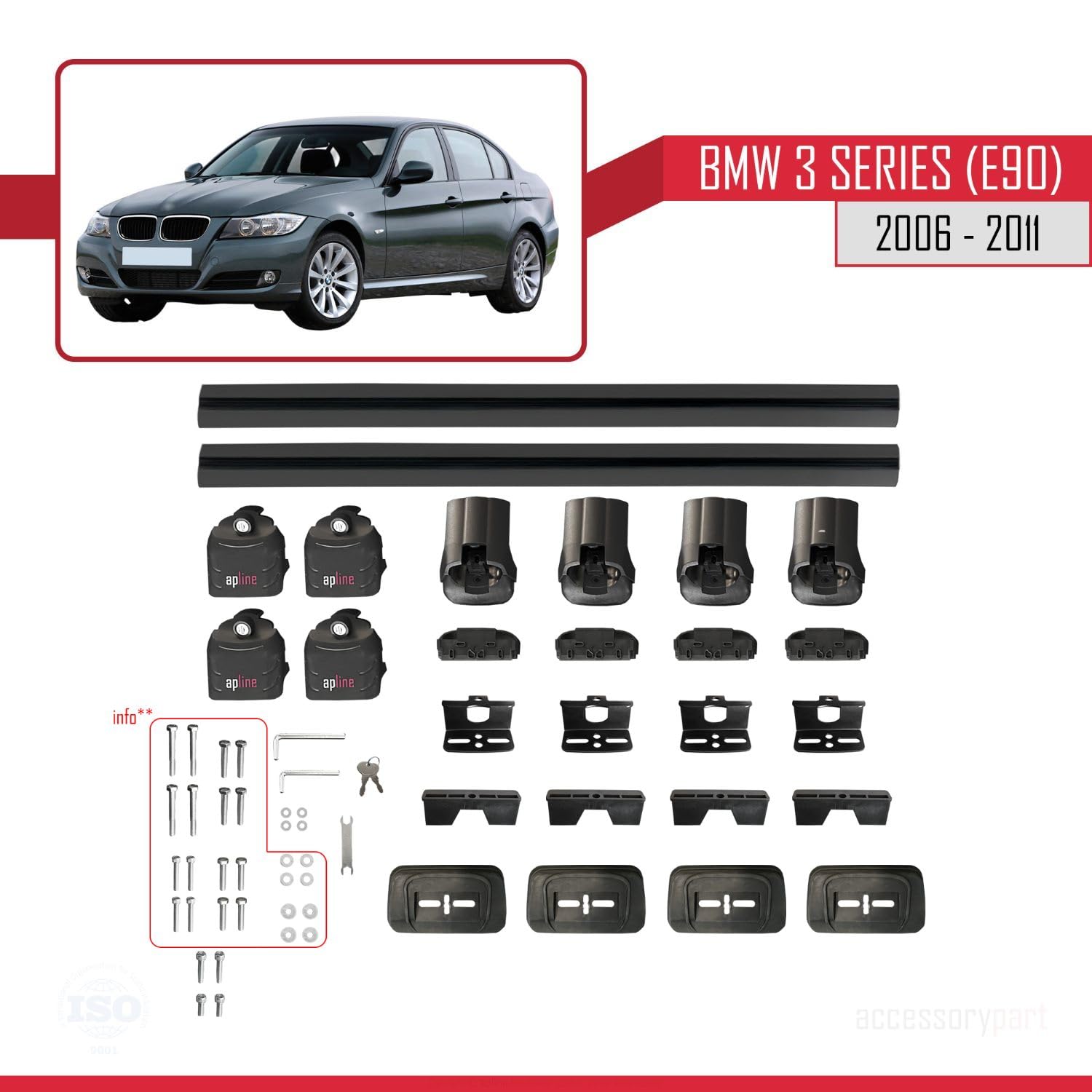 Compatible con BMW Serie 3 (E90) 2005-2012 Modelo Ace-3 Barra de Techo Auto Portaequipajes Barras Transversales Negro Aluminio 2 Barras