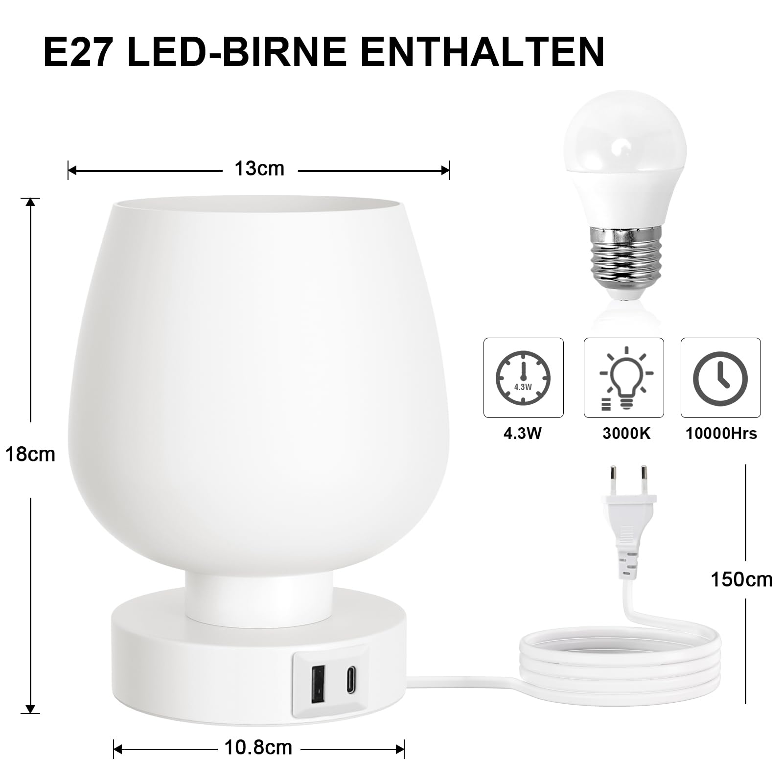 Nachttischlampe Touch Dimmbar 2er Set, Tischlampe mit USB A+C Anschlüsse LED Birne, 3-fach Dimmbar, Kleine Glas Lampe für Nachttisch Schlafzimmer Wohnzimmer Babyzimmer
