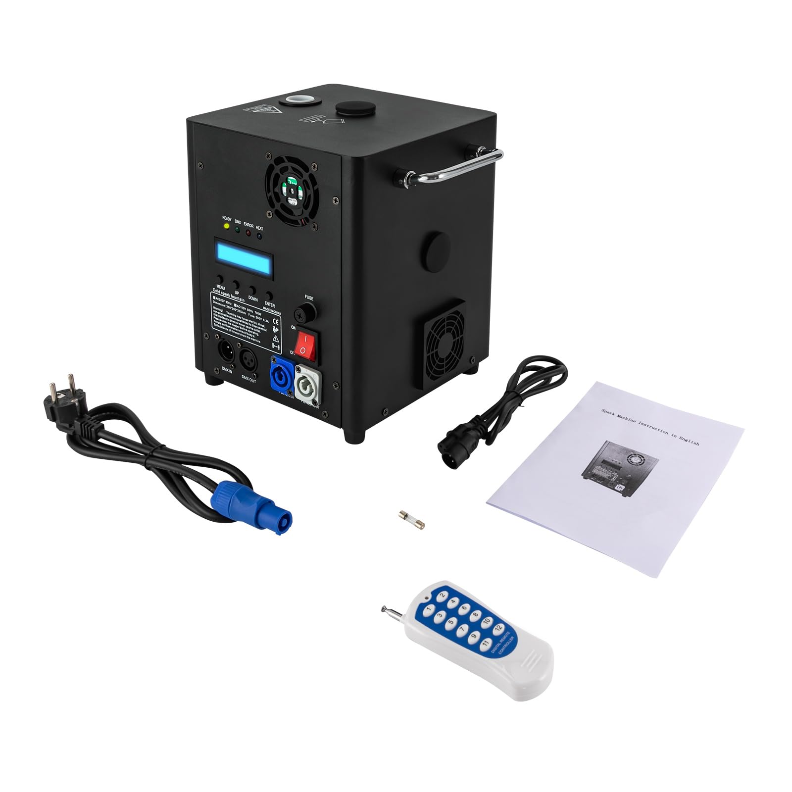 Macchina per scintille, 700 W, portatile, per palcoscenico, effetto speciale, altezza di iniezione regolabile, quattro spie di controllo, telecomando o DMX